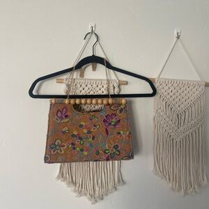 Embroidered Cork Crossbody Bag with beaded handle and chain strap